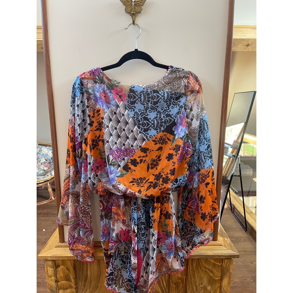Spy Zone Exchange Patchwork Floral Paisley Pom Pom Trim Bell Sleeve Romper Small - Picture 6 of 8
